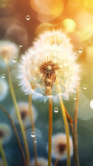 Close-up dandelion flowers with drops of water background. Floral wallpaper. Ai generated
