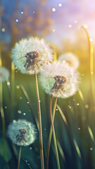 Close-up dandelion flowers with drops of water background. Floral wallpaper. Ai generated