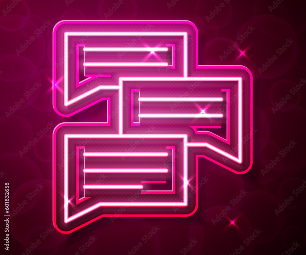Poster glowing neon line speech bubble chat icon isolated on red background. message icon. communication or
