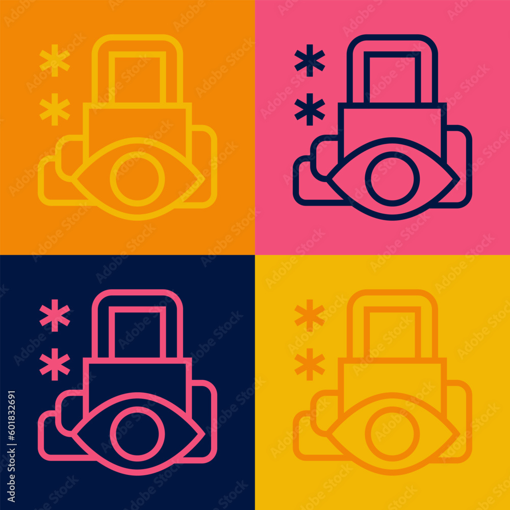 Poster pop art line cyber security icon isolated on color background. closed padlock on digital circuit boa