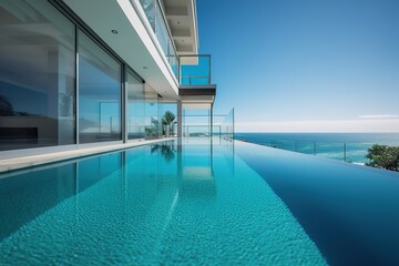 large swimming pool in an oceanfront apartment with ocean view ai generated 