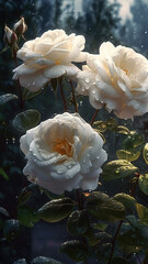 Blooming white roses with drops of water close-up background. Ai generated