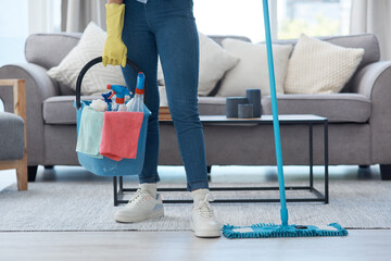 Bucket, mop and person with product for cleaning, housework and chores in a house. Start, lifestyle...