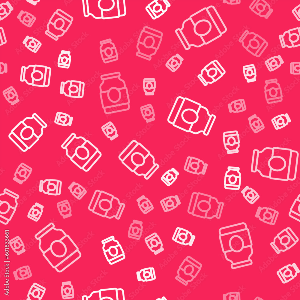Poster white line jam jar icon isolated seamless pattern on red background. vector
