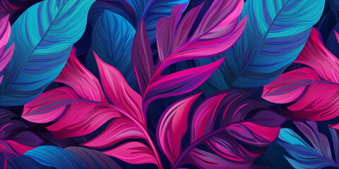 Tropische moderne neon Blätter Hintergrund -  Natur Hintergrund mit AI erstellt	