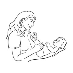 Mother and child line logo. Symbol of baby care, massage process. Family, health and medicine emblem. Design template for your product. Vector hand drawn lineart icon illustration on white background