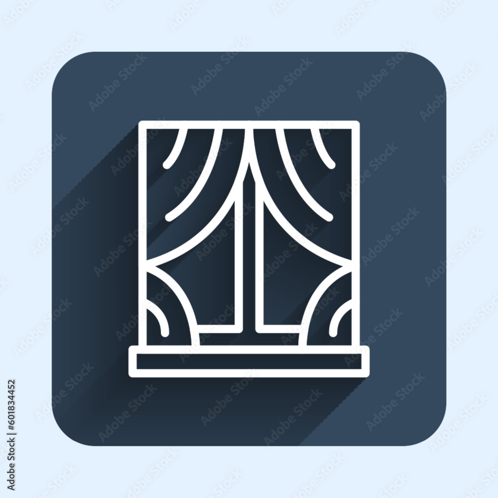 Poster white line window with curtains in the room icon isolated with long shadow background. blue square b