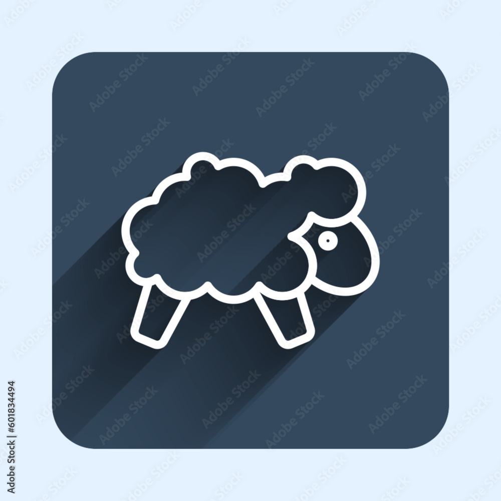 Poster white line sheep icon isolated with long shadow background. counting sheep to fall asleep. blue squa