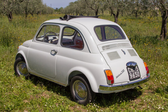 Image of an old vintage Italian Fiat 500 car parked in the middle of a green field
