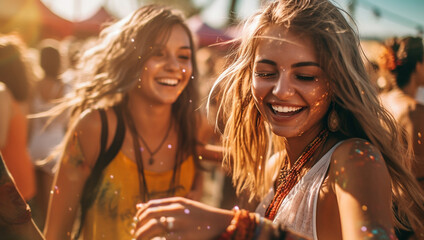 Group of friends having great time on music festival in the summer,Two young woman drinking beer and having fun at Beach party together. Happy girlfriends, Summer holiday, hipster girls vacation 
