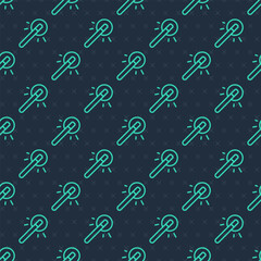 Green line Magic wand icon isolated seamless pattern on blue background. Star shape magic accessory. Magical power. Happy Halloween party. Vector