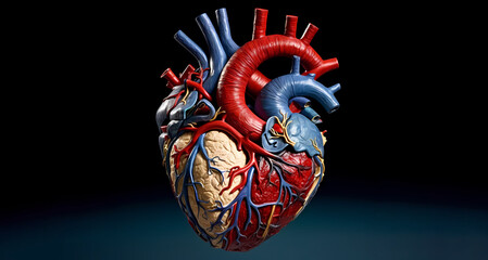 A highly detailed and realistic medical image of a human heart, shown in anatomy and physiology of the organ. Generative ai.