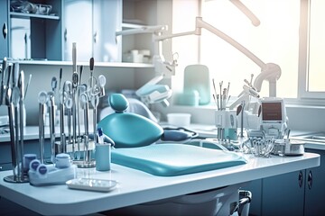 Banner dentists room office. Closeup different dental instruments and tools, blue toning. Image generated by AI - obrazy, fototapety, plakaty