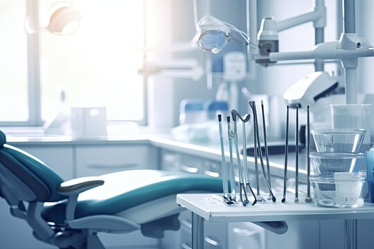 Banner dentists room office. Closeup different dental instruments and tools, blue toning. Image generated by AI