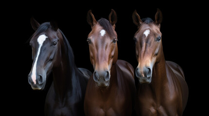 3 t^tes de chevaux vue de face sur fond noir
