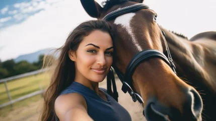 Foto op Canvas Jeune femme brune souriante faisant un selfie avec son cheval © Sébastien Jouve
