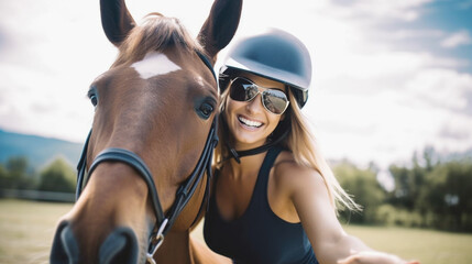 Obraz na płótnie Canvas Jeune femme brune souriante faisant un selfie avec son cheval