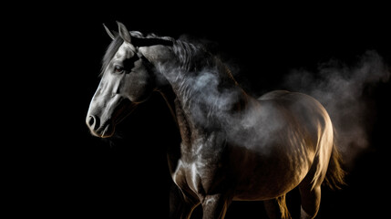 Fototapeta na wymiar cheval sur fond noir avec vapeur de transpiration