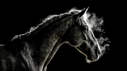 cheval sur fond noir avec vapeur de transpiration