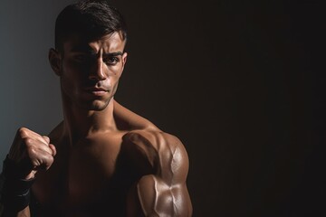 Fit young male model practising shadowboxing. Masculine young male athlete working out on dark grey background. Generative ai.