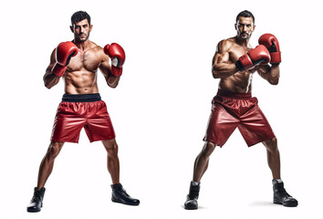 Sporty fit latin man during boxing exercise making hit. Boxer isolated on white background. Strength and motivation. Generative Ai.