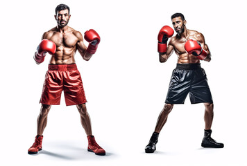 Sporty fit latin man during boxing exercise making hit. Boxer isolated on white background. Strength and motivation. Generative Ai.