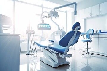 Modern Dental Clinic, Dentist chair and other accessories used by dentists in blue medical light. Image generated by AI - obrazy, fototapety, plakaty