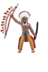 Vintage toy figure of Native American Indian, First American, Indigenous American, with head dress  war bonnet,  and spear,  with red outline , isolated on transparent background