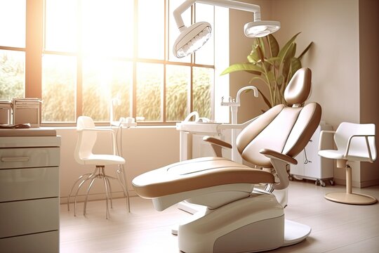 Modern Dental Clinic, Dentist chair and other accessories used by dentists in blue medical light. Image generated by AI