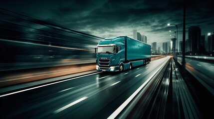 Modern truck speeding down the highway, surrounded by the hustle and bustle of global business activity. Vibrant colors and sharp lines to convey the speed and efficiency of modern logistics technolog