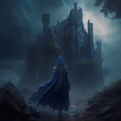 A mysterious figure stands amidst the ruins of an ancient castle