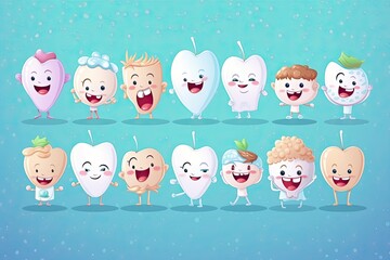 Fototapeta premium illustration of cute cartoon happy Teeth mascot or character. Happy dentist day, tooth sketch for your design. Image generated by artificial intelligence