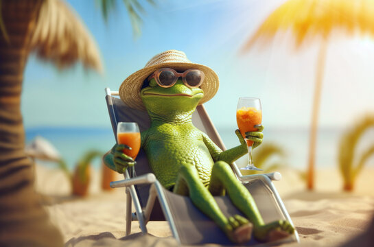 a frog tourist relaxing  at beach vacation at a tropical resort,  funny holiday concept, AI generative