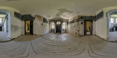 360 hdri panorama inside abandoned empty concrete hall in room or old building with stairs in...
