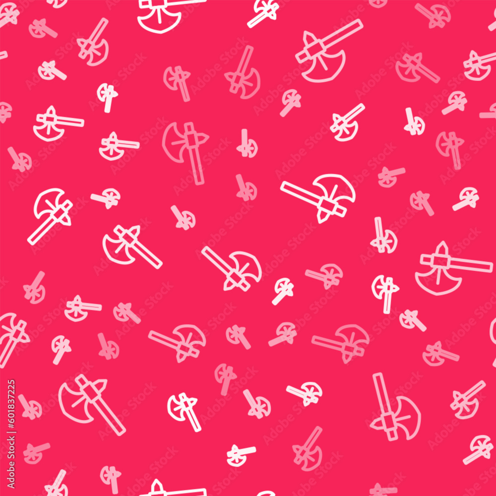 Poster white line medieval axe icon isolated seamless pattern on red background. battle axe, executioner ax