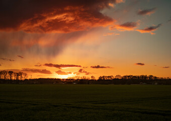 Fototapeta premium colourful sunset over field - heavy cloud in golden hour 