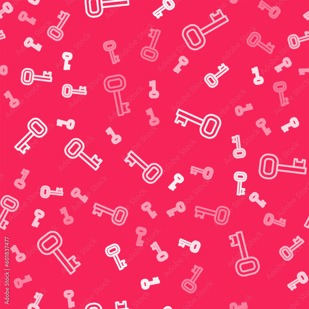 Poster white line old key icon isolated seamless pattern on red background. vector