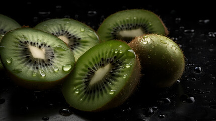 Background of ripe kiwi with water drops, banner, Generative AI 3