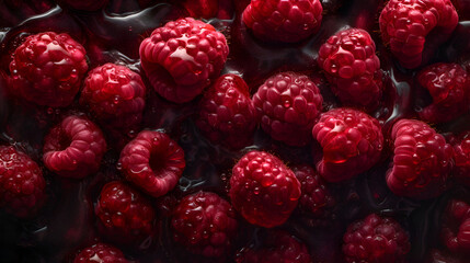 Ripe raspberry with water drops, banner, Generative AI