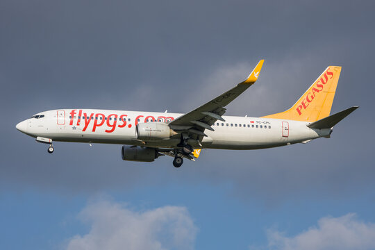 Vienna, Austria - 30 April, 2023: Turkish charter and low cost airline Pegasus landing on a sunny day