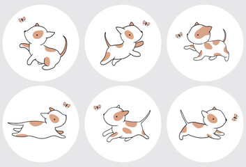 Vector Round Shape Stickers with Cute Hand Drawn White-Brown Little Puppies. Lovely Party Decoration with Funny Baby Dog and Flying Butterfly on a White Background. Sweet Baby Amstaff Print. 