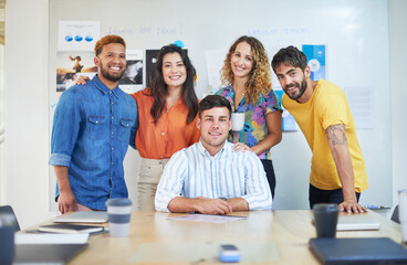Happy, portrait and business people in office excited for startup, collaboration and partnership....
