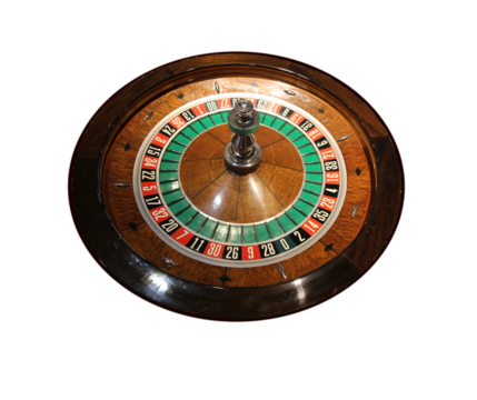 Vintage wooden roulette wheel casino gaming wheel used for gambling, betting, competition , win or lose with zero and double zero and numbers 1 to 36 - Powered by Adobe