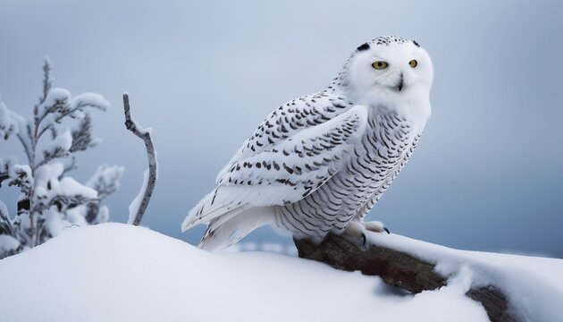 Snowy owl on a branch tree , ai, ai generative, illustration