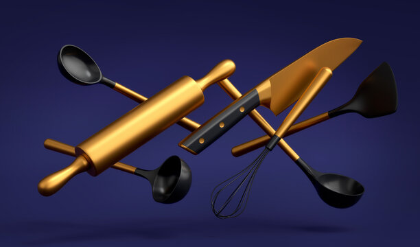 Wooden kitchen utensils, tools and equipment on blue background.