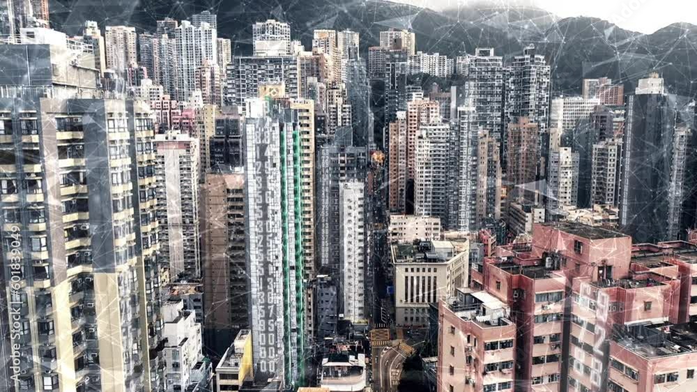 Aufkleber website, networking and data with buildings in city for digital transformation, internet or cloud co