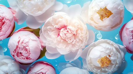 Beautiful flowers peonies floating on the water on a blue background. Top view, flat lay. Generative AI.