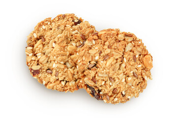 Granola cookie isolated on white background with full depth of field. Top view. Flat lay.