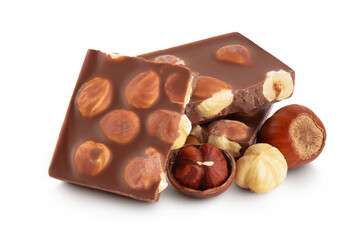 Chocolate with hazelnuts isolated on white background with full depth of field.