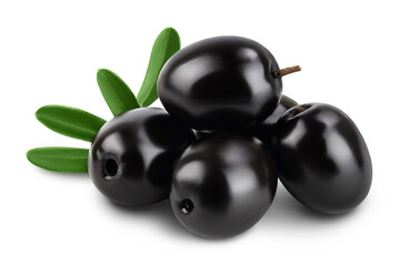 Black olives with leaves isolated on a white background with full depth of field.